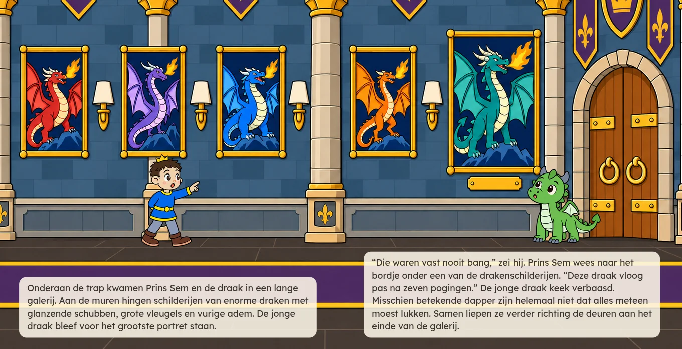 Bladzijde 10 en 11: prins Sem en de draak in de galerij met schilderijen van dappere draken