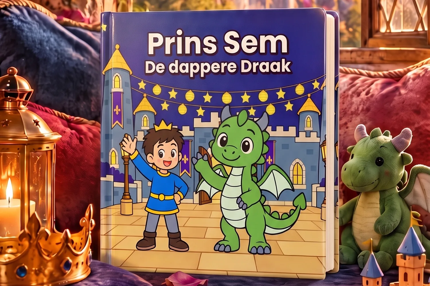 De dappere Draak als hardcover in een kasteelkamer, met een lantaarn, een kroon en een knuffeldraak