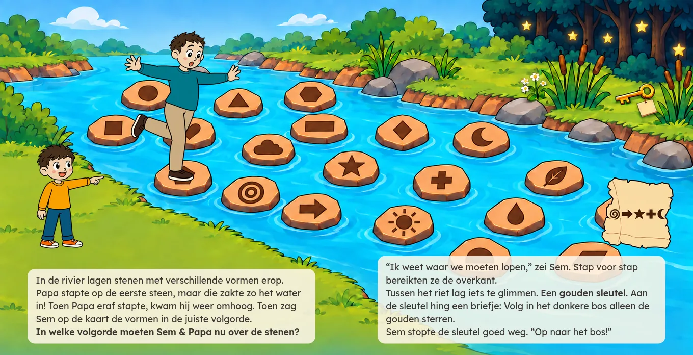 Bladzijde 10 en 11: Sem en papa steken de rivier over via stenen met vormen erop, en Sem vindt een gouden sleutel