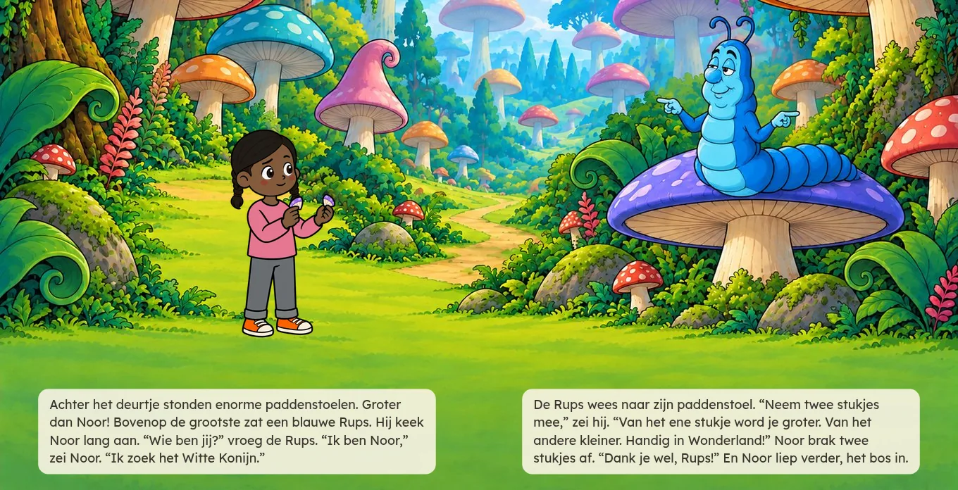 Bladzijde 12 en 13: Noor tussen enorme paddenstoelen, met bovenop de grootste de blauwe Rups